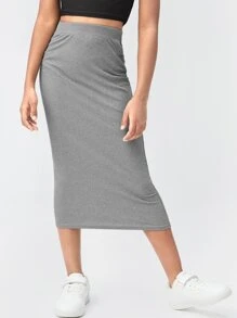 SHEIN Rok Anak Wanita Rib-Knit Plain Casual - Grey - View 2