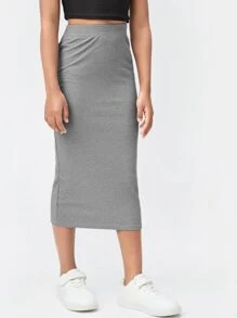 SHEIN Rok Anak Wanita Rib-Knit Plain Casual - Grey - View 3