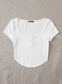 SHEIN EZwear Top Corto De Color Blanco Con Diseño Acanalado, Con Botones Y Curvaturas - Blanco - Ver 3