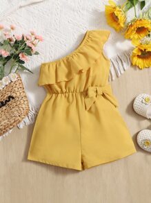 SHEIN Baby Ruffle Trim Bow Side One Shoulder Romper - Yellow - View 1