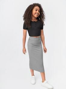 SHEIN Rok Anak Wanita Rib-Knit Plain Casual - Grey - View 4