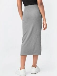 SHEIN Rok Anak Wanita Rib-Knit Plain Casual - Grey - View 5
