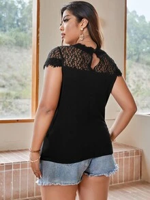 SHEIN Unity Plus Eyelash Lace Panel Keyhole Back Tee - Black - View 2