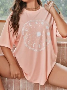 Flirla Plus Size Galaxy & Letter Graphic Tee - Coral Pink - View 1