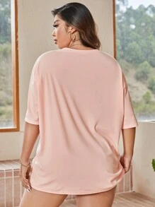 Flirla Plus Size Galaxy & Letter Graphic Tee - Coral Pink - View 2