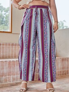 SHEIN Unity Plus Floral Print Wrap Hem Knot Front Wide Leg Trousers - Multicolor - View 4