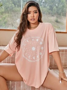 Flirla Plus Size Galaxy & Letter Graphic Tee - Coral Pink - View 5
