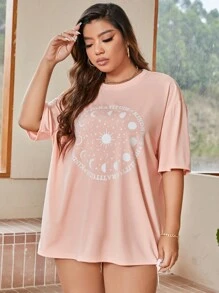 Flirla Plus Size Galaxy & Letter Graphic Tee - Coral Pink - View 6