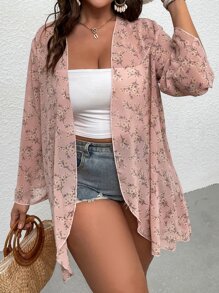 SHEIN Swim Curve Plus Floral Print Kimono - Dusty Pink - View 3