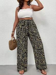 Breezaya Plus Ditsy Floral Print Belted Wide Leg Trousers - Multicolor - View 3