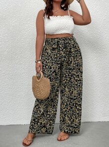Breezaya Plus Ditsy Floral Print Belted Wide Leg Trousers - Multicolor - View 4