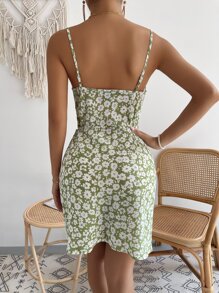 Soleia Floral Print Draped Belted Cami Dress - Olive Green - View 2