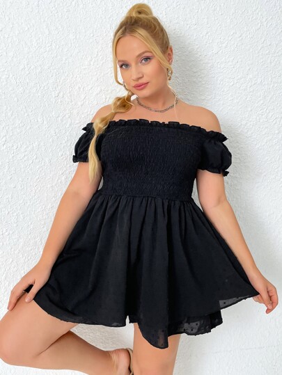 Plus Off Shoulder Shirred Frilled Swiss Dot Romper