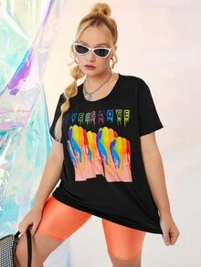 SHEIN Unity 大碼手勢和標語圖案T恤 - 黑色 - 查看 8