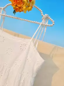 GENKIRA Đầm Viên lá sen Tranh thêu màu trơn Giải trí - trắng - Xem 4