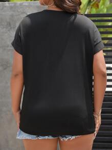 SHEIN LUNE Plus Lip & Leopard Print Batwing Sleeve Tee - Black - View 2