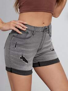 Shorts en mezclilla desgarro bajo de doblez - Gris - Ver 4
