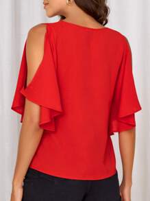 SHEIN Clasi Áo sơ mi nữ Cắt ra màu trơn Thanh lịch - Đỏ - Xem 2