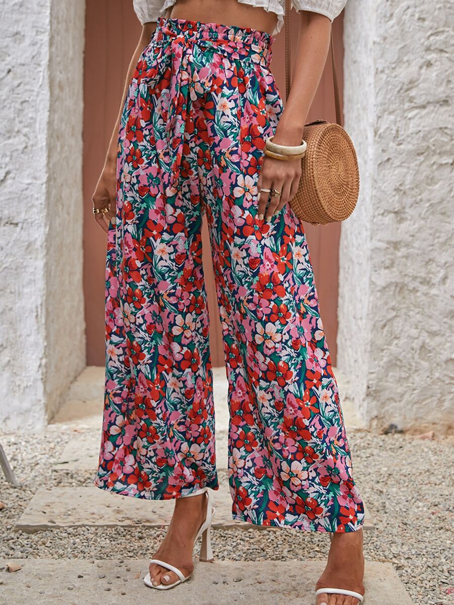 SHEIN Frenchy Floral Print Belted Wide Leg Pants Winter Vacation Flower - Multicolor - View 1