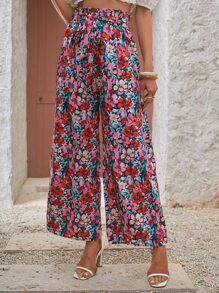 SHEIN Frenchy Floral Print Belted Wide Leg Pants Winter Vacation Flower - Multicolor - View 3