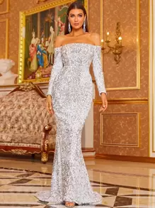 Missord Off Shoulder Sequin Fishtail Prom Dress - Grey - View 1