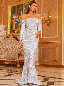 Missord Off Shoulder Sequin Fishtail Prom Dress - Grey - View 5