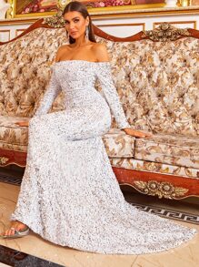 Missord Off Shoulder Sequin Fishtail Prom Dress - Grey - View 6