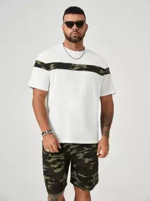GENTILAND Men Plus Camo Print Tee & Drawstring Waist Shorts - White - View 1