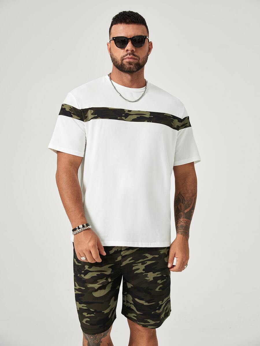 GENTILAND Men Plus Camo Print Tee & Drawstring Waist Shorts - White - View 1