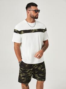 GENTILAND Men Plus Camo Print Tee & Drawstring Waist Shorts - White - View 3