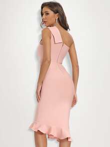單肩荷葉邊緊身連衣裙 - 淺粉色 - 查看 2