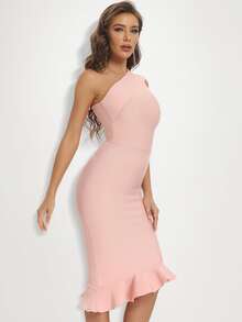 單肩荷葉邊緊身連衣裙 - 淺粉色 - 查看 3