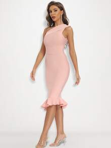 單肩荷葉邊緊身連衣裙 - 淺粉色 - 查看 4