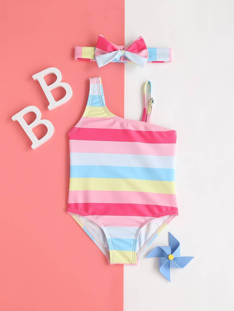 Baby Girl Block Striped One Piece Swimsuit With Headband - Multicolor - View 1