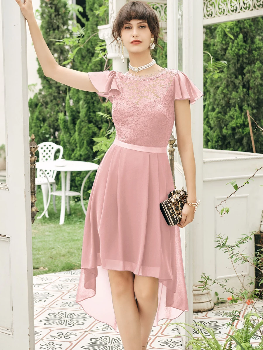 MIUSOL Lace Insert Zip Back High-low Hem Dress - Dusty Pink - View 1