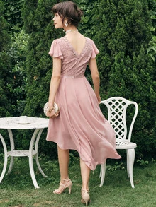 MIUSOL Lace Insert Zip Back High-low Hem Dress - Dusty Pink - View 2