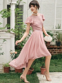 MIUSOL Lace Insert Zip Back High-low Hem Dress - Dusty Pink - View 4