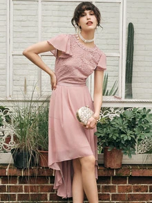 MIUSOL Lace Insert Zip Back High-low Hem Dress - Dusty Pink - View 5