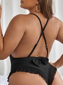 Plus Contrast Mesh Criss Cross One Piece Swimsuit - Black - View 3