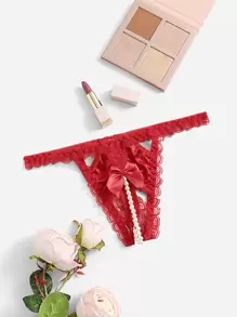 Bow Contrast Lace Crotchless Thong Lingerie - Red - View 1