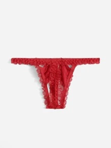 Bow Contrast Lace Crotchless Thong Lingerie - Red - View 2