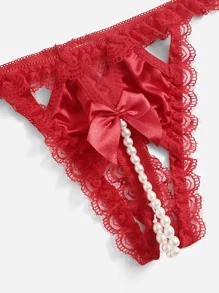 Bow Contrast Lace Crotchless Thong Lingerie - Red - View 3