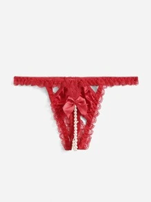 Bow Contrast Lace Crotchless Thong Lingerie - Red - View 5