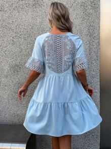SHEIN VCAY Contrast Guipure Lace Tassel Tie Ruffle Hem Dress - Baby Blue - View 2