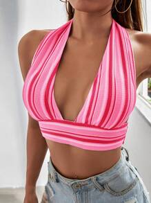 Soleia 條紋後繫帶短版繞頸上衣 - 彩色 - 查看 1