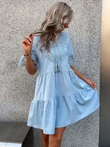 SHEIN VCAY Contrast Guipure Lace Tassel Tie Ruffle Hem Dress - Baby Blue - View 4