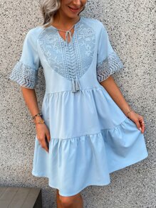 SHEIN VCAY Contrast Guipure Lace Tassel Tie Ruffle Hem Dress - Baby Blue - View 5