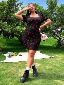 Dreamara Plus Cherry Print Square Neck Puff Sleeve Bodycon Dress - Black - View 5