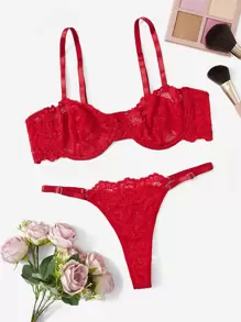 FloralLove Floral Lace Underwire Lingerie Set - Red - View 1
