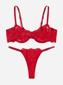 FloralLove Floral Lace Underwire Lingerie Set - Red - View 2